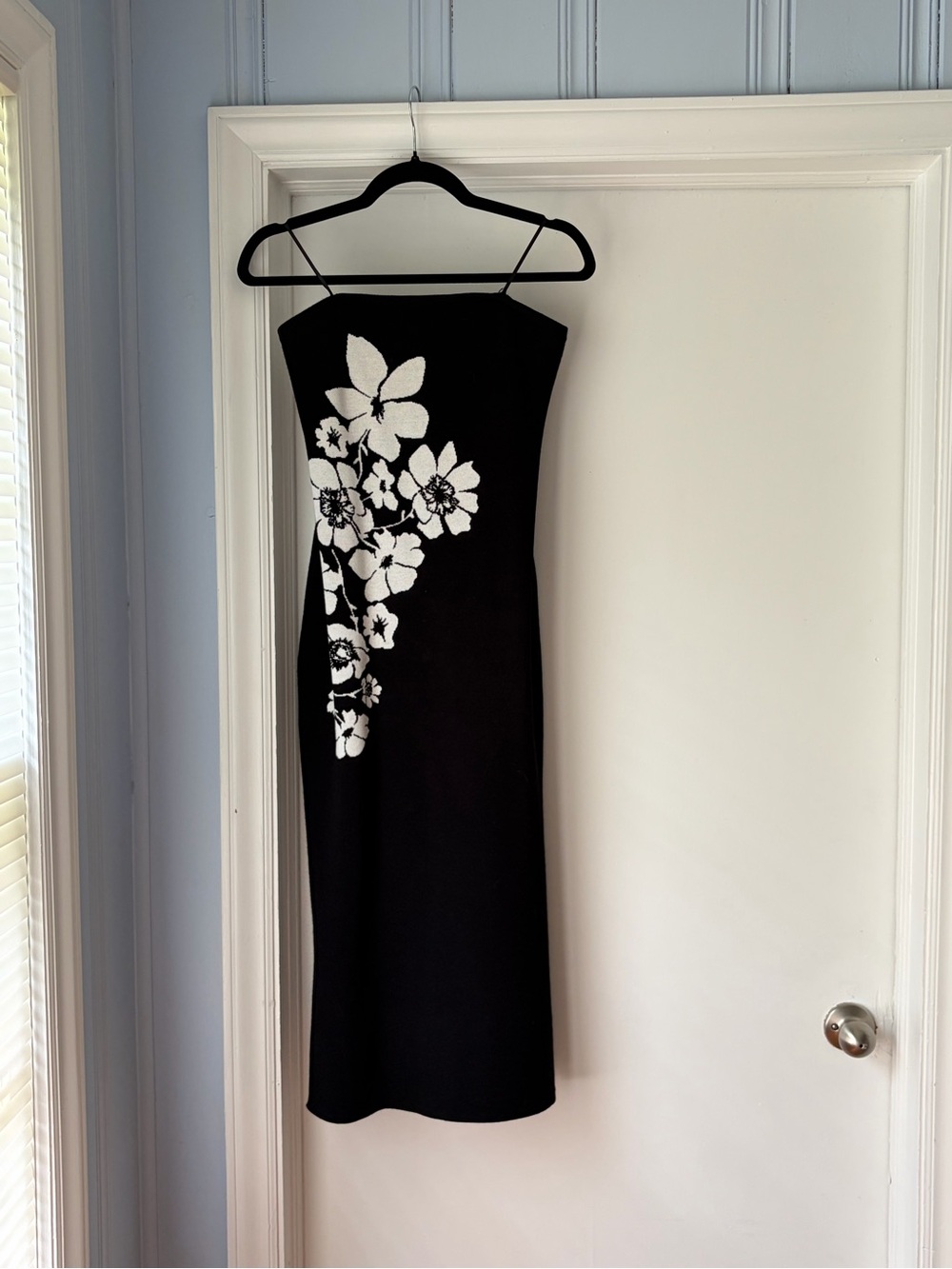 Milly Black Strapless Column Dress with White Floral Appliqué
